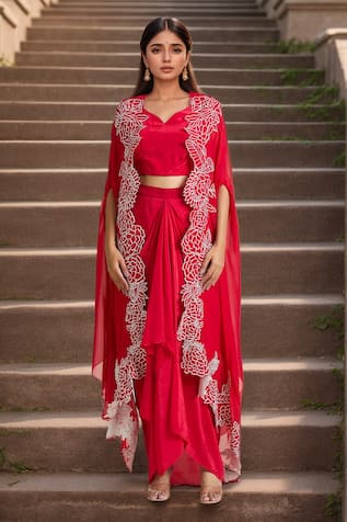 Samyukta Singhania Thread Embroidered Border Cape Draped Skirt 