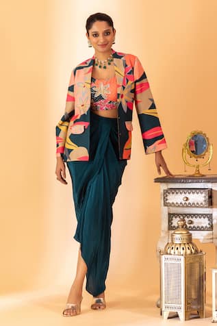 SSHILPA SAMRIYA Solid Draped Skirt Set With Printed Blazer 