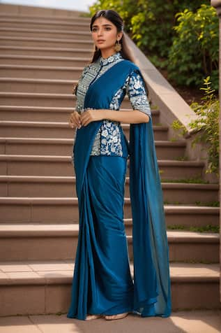 Samyukta Singhania Dori Embroidered Slit Blouse Pre-Draped Saree Set 