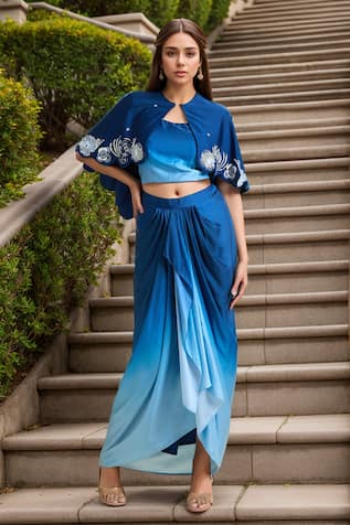 Samyukta Singhania Embellished Scalloped Cape Ombre Draped Skirt Set 