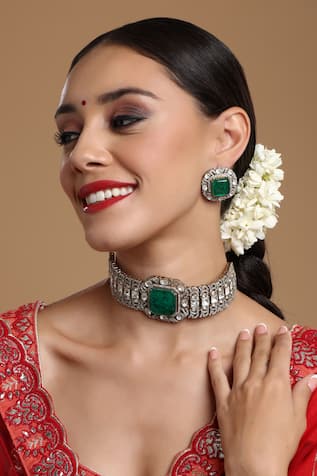 Ruby Raang Moissanite Polki Embellished Pendant Choker Set 
