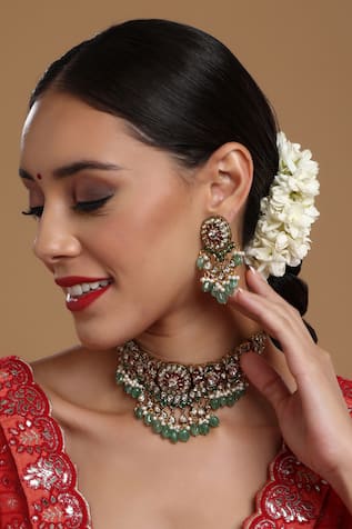 Ruby Raang Floral Emerald Embellished Choker Set 