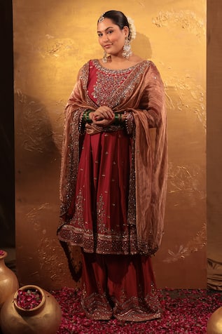 Irrau by Samir Mantri Silk Chanderi Embroidered Anarkali Gharara Set 