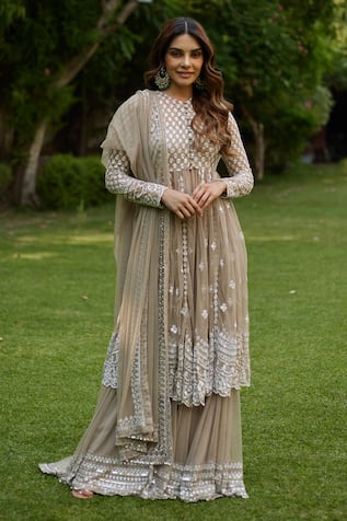 ASTHA NARANG Floral Thread Embroidered Front Open Jacket & Sharara Set 