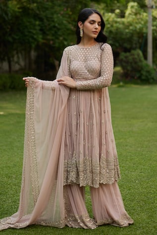 ASTHA NARANG Floral Sequin Embroidered Anarkali & Sharara Set 