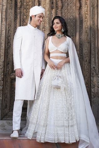 ASTHA NARANG Floral Beads Embroidered Attached Can Can Lehenga Set 