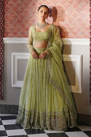 Floral Embroidered Attached Can Can Lehenga Set 