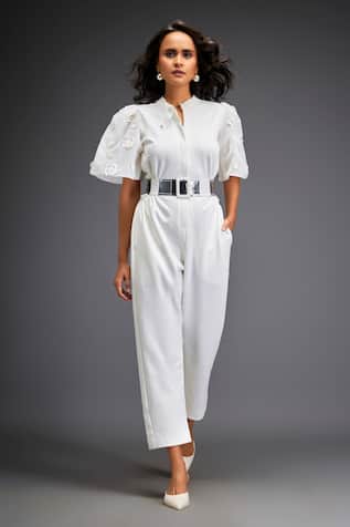 Geometric Leather Applique Embellished Jumpsuit With Belt 