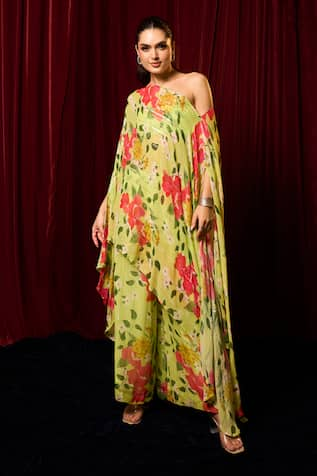 Vesture Leaf Print Asymmetric Cape With Palazzo 