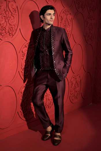 Jubinav Chadha Silk Chanderi Mirror Embroidered Jacket & Pant Set 