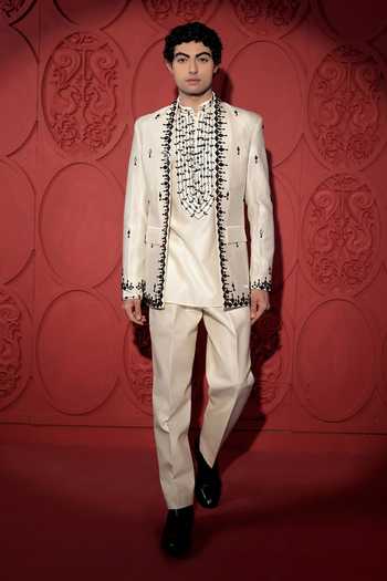Jubinav Chadha Silk Chanderi Thread Embroidered Jacket & Pant Set 