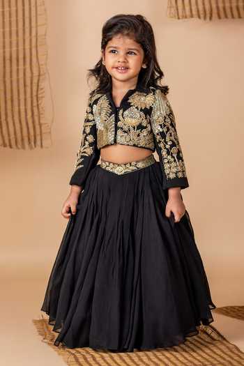 Lil Angels Floral & Bird Embroidered Jacket Lehenga Set 