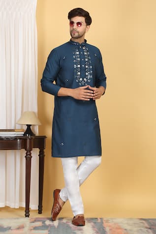 Aham-Vayam Rajat Cotton Silk Embroidered Kurta Set 