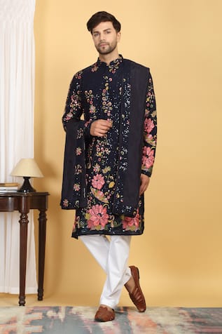 Aham-Vayam Cotton Silk Upwan Embroidered Kurta Set 