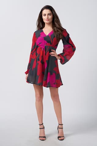House Of Varada Floral Print Wrapped Short Dress 