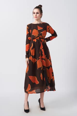 House of Varada Autumn Bloom Print Midi Dress 