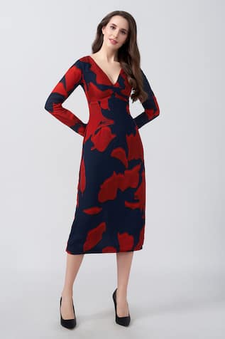 House of Varada Abstract Floral Print V-Neck Dress 