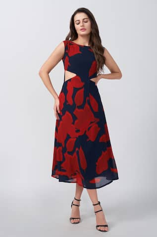 House of Varada Abstract Floral Print Cutout A-Line Dress 