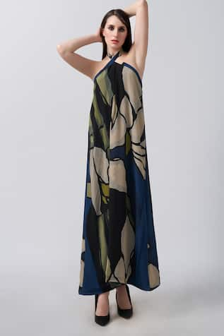 House of Varada Abstract Floral Print Halter Neck A-Line Dress 