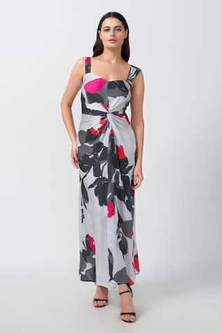 House of Varada Abstract Floral Print Twisted Front Knot Dress 