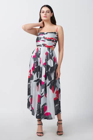 House of Varada Abstract Floral Print Pleated A-Line Dress 