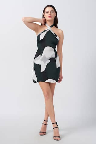 House of Varada Abstract Print Halter Neck Mini Dress 