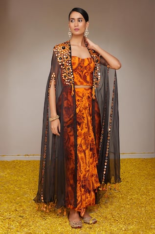 Mirror Embroidered Cape & Skirt Set 