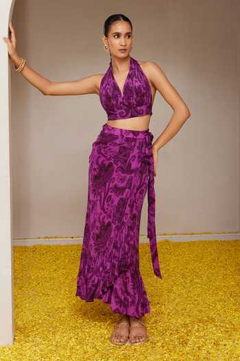 Nitara Dhanraj Label Flower Mandala Print Draped Top With Skirt 