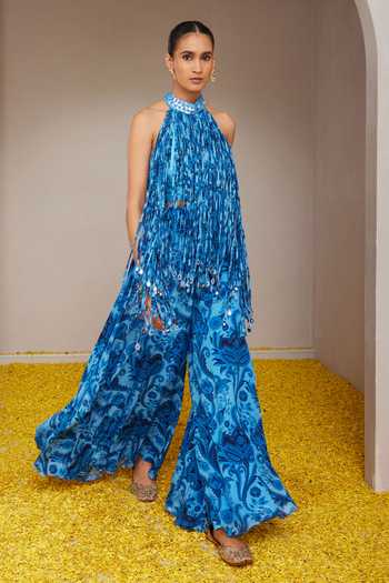 Nitara Dhanraj Label Floral Mandala Print Fringed Top With Pant 