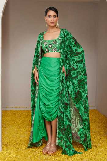 Nitara Dhanraj Label Flower Mandala Print Cape & Draped Skirt 