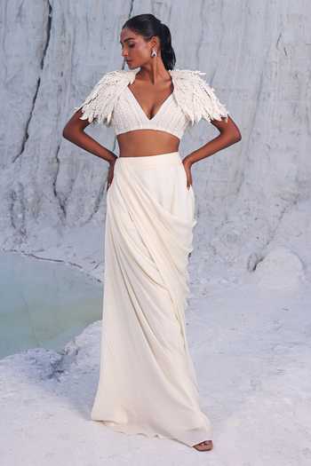 PIRI INDIA Kairi 3D Cutwork Embroidered Cape & Draped Skirt Set 