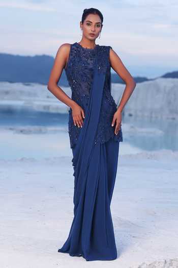 PIRI INDIA Darya Floral Embroidered Pre-Draped Saree With Kurta 