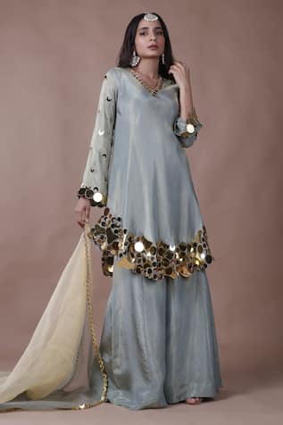 Silk Mirror Embroidered Asymmetric Kurta Palazzo Set For Kids