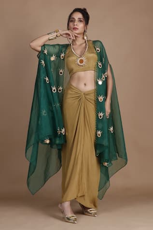 Embroidered Cape Draped Skirt Set For Kids