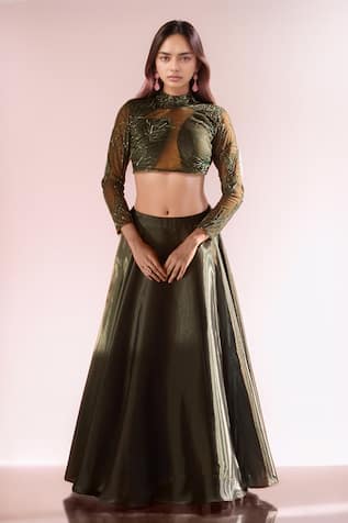 PAC FASHION CLOTHING Glass Bead & Cutdana Embroidered Blouse Lehenga Set 