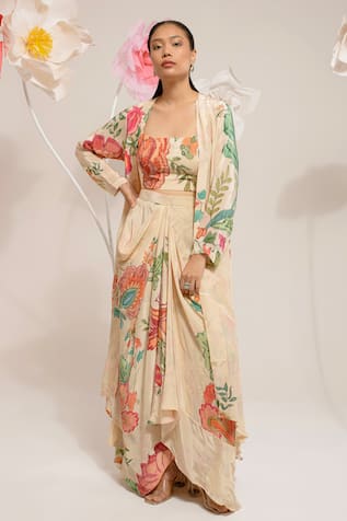 PREETI MEHTA Floral Print Cape & Draped Skirt Set 