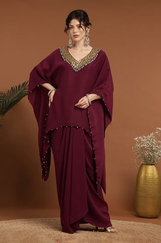 RIRASA Sequin Embroidered Kaftan & Draped Skirt Set 