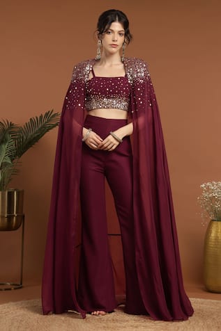 RIRASA Long Sequin Embroidered Cape Pant Set 