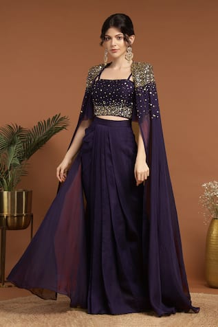 RIRASA Galactic Bead & Sequin Embroidered Cape & Draped Skirt Set 