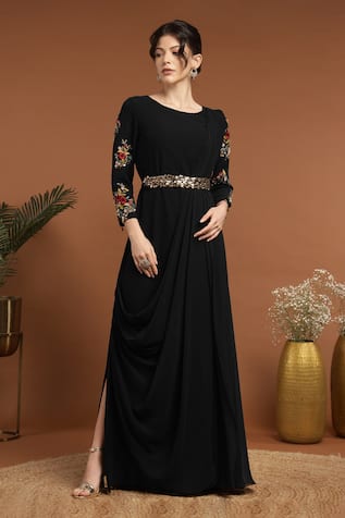 RIRASA Blossom Embroidered Draped Dress With Belt 