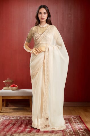 PAC FASHION CLOTHING Applique Embroidered Blouse & Saree Set 