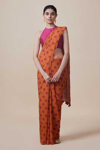 Dressfolk Orange Polka Dot Handloom Saree with Running Blouse 
