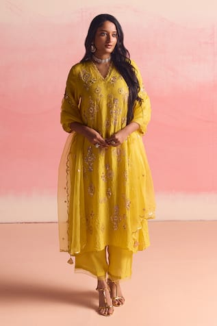 One Not Two Geometric Pattern Embroidered A-Line Kurta & Pant Set 