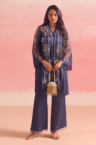 One Not Two Crystals Embroidered Gathered Yoke Kurta & Pant Set 