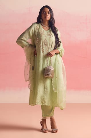 One Not Two Geometric Floral Embroidered Asymmetric A-Line Kurta & Pant Set 