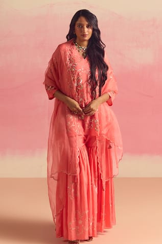 One Not Two Floral Beads Embroidered Short Kurta With Gharara 