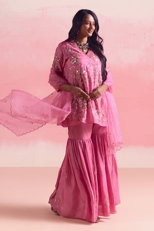 One Not Two Floral Motif Embroidered Short Kurta With Gharara 