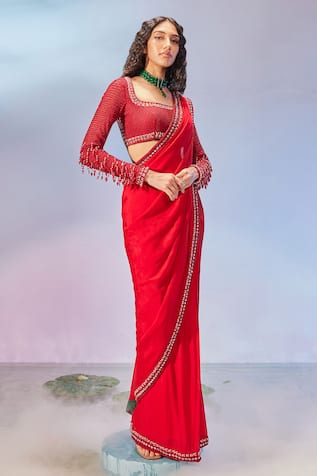 Zamoraa The Label Pre-Draped Saree With Hand Beads Embroidered Blouse 