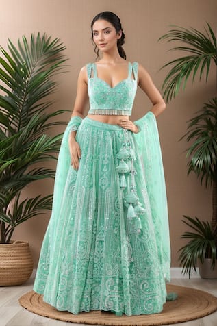 PAC FASHION CLOTHING Stripe Embroidered Lehenga Set 