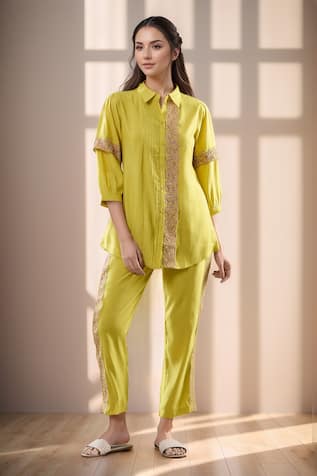 PAC FASHION CLOTHING Rose Lace Embroidered Shirt & Pant Set 